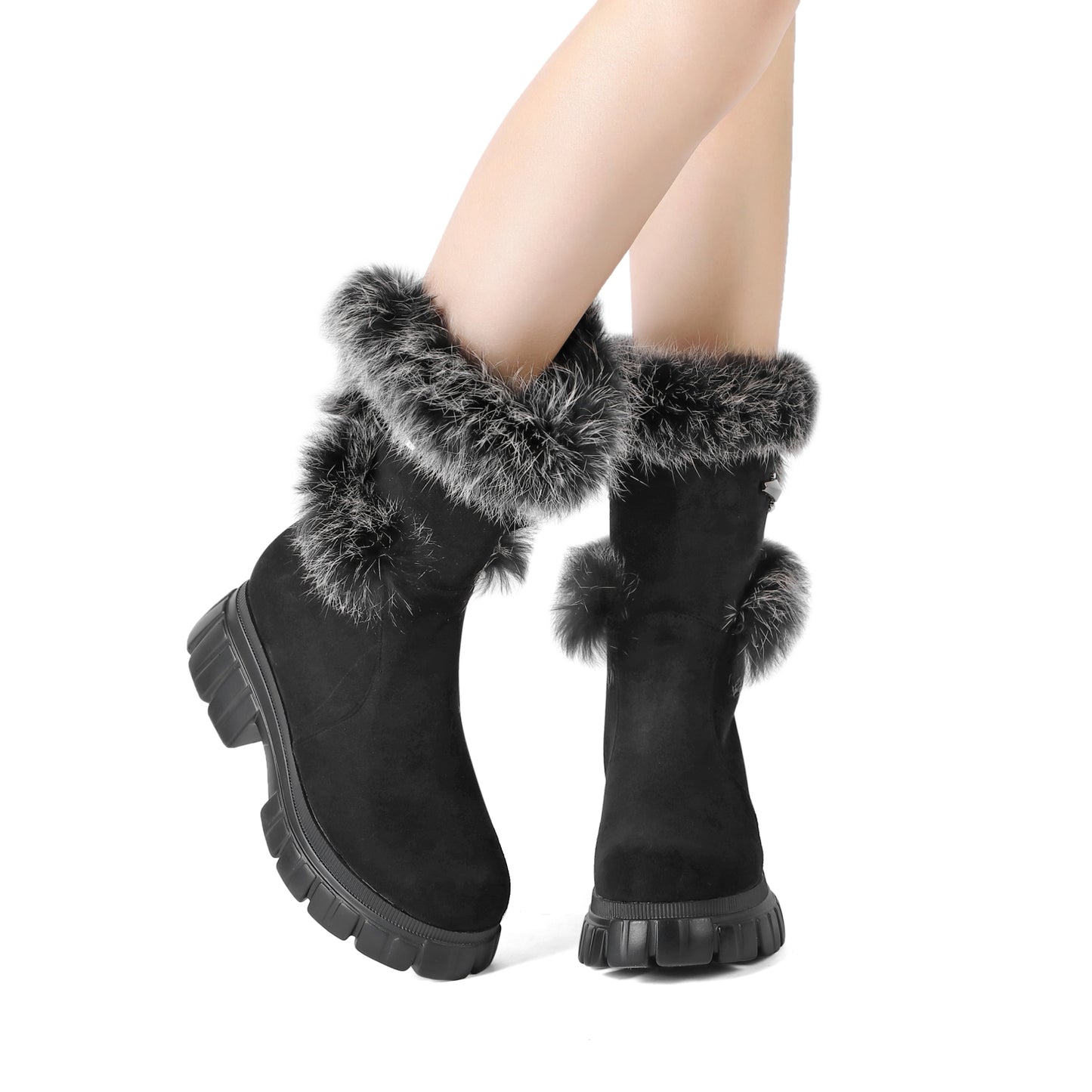 Women's Snow Ankle Boots With Genuine Rabbit Fur Sexy Furry Wedge mid calf Low Heel Winter Boots